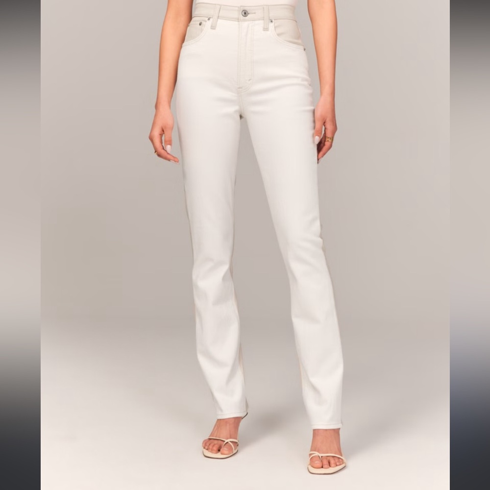 Abercrombie Slim Straight Ultra high rise white denim/leather pants 28L NWT